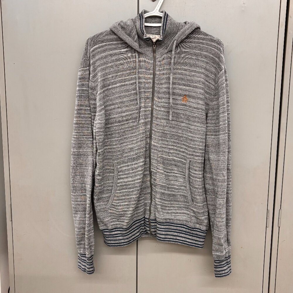 Penguin Munsingwear Gray Stripe Full Zip Hoodie Sweatshirt Pockets Men's XL